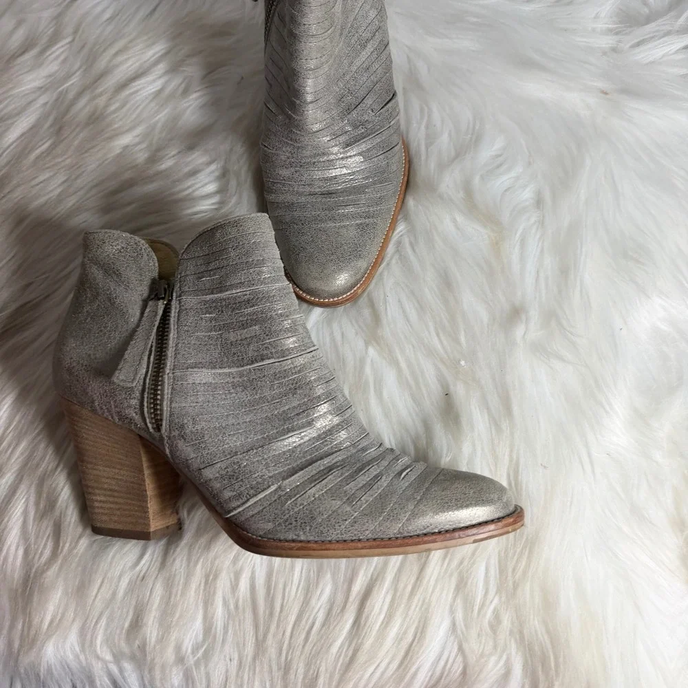Paul Green Malibu Metallic Silver Leather Pleated Ankle Boot Stacked Heel UK 5.5